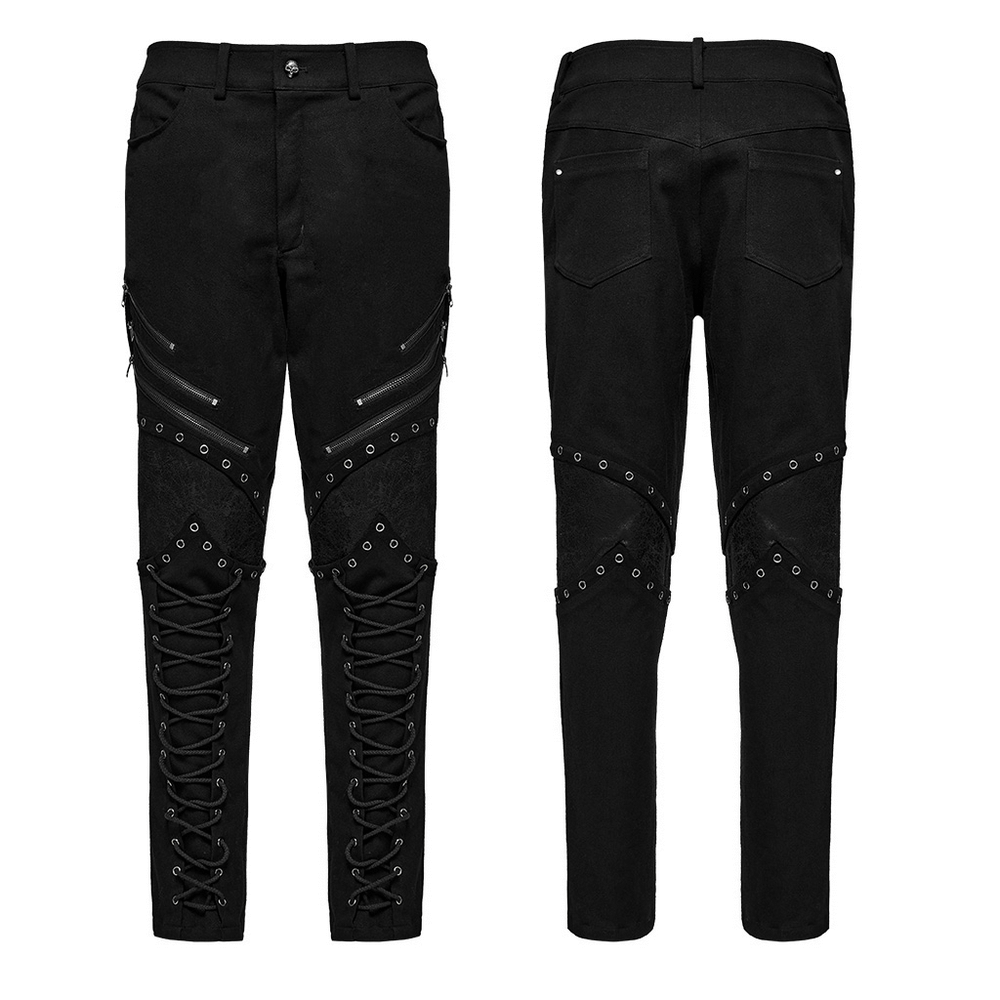 Punk men's black twill pants featuring zippers, eyelets, and lace-up design for a bold street style.