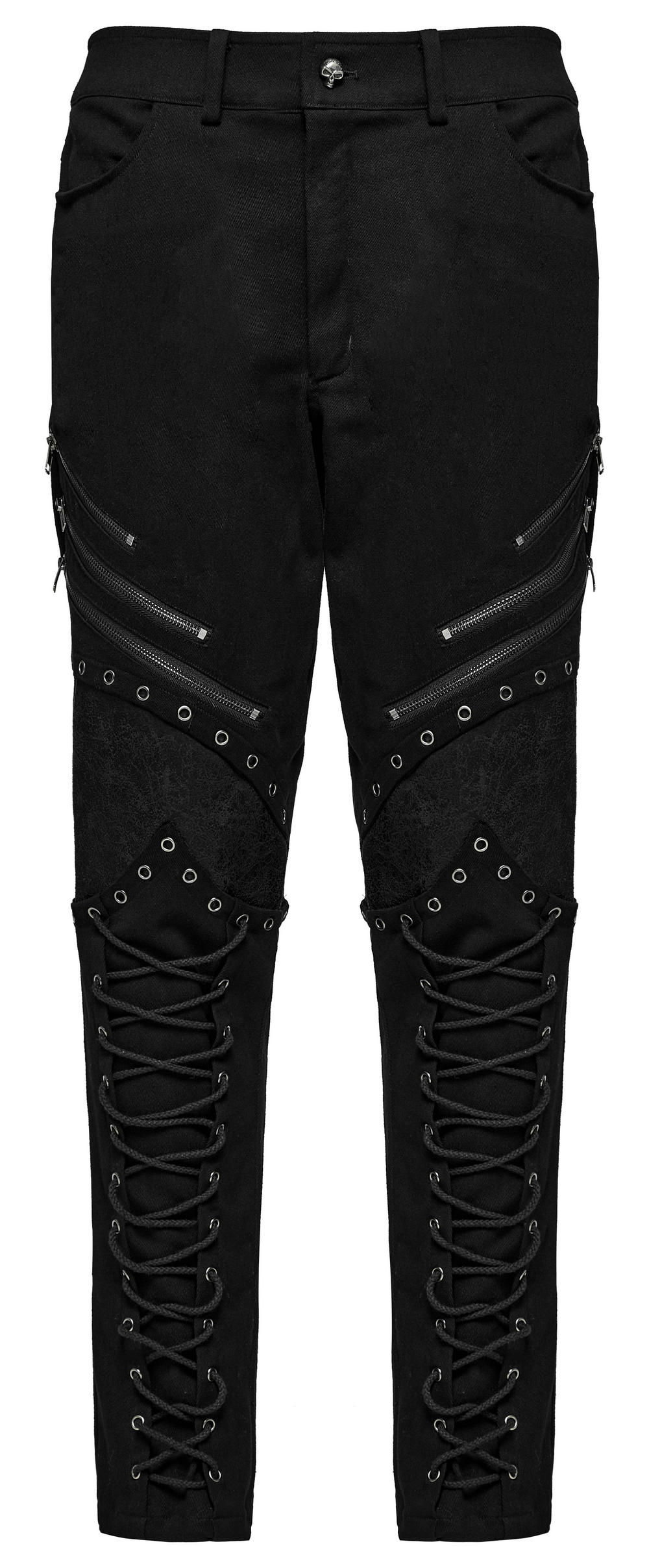 Punk men's black twill pants with zippers, eyelets, and drawstrings, featuring edgy buckle and patchwork designs.