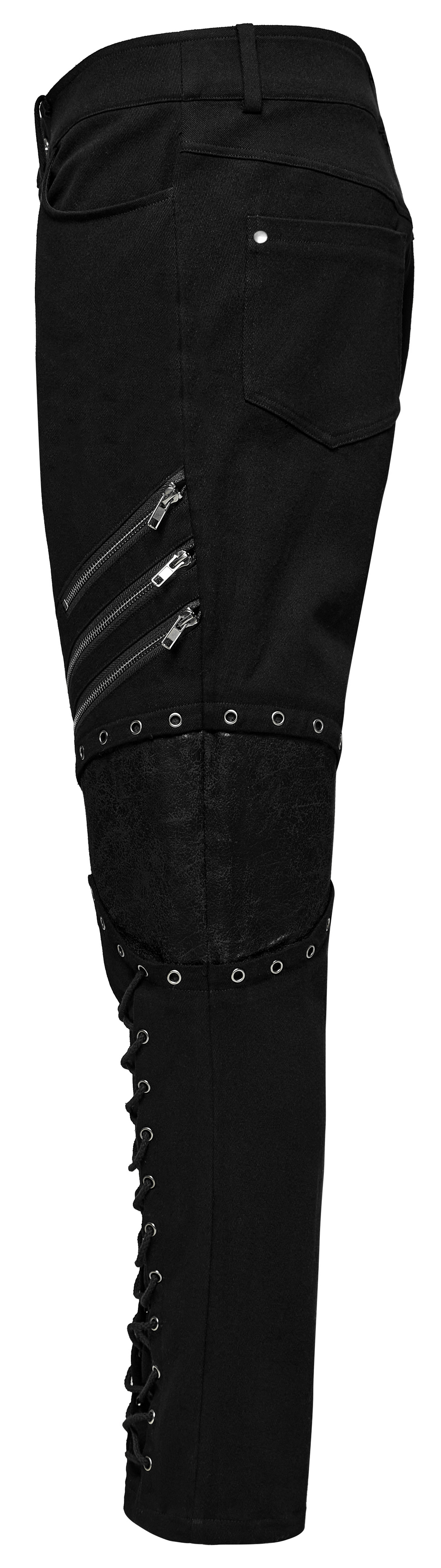 Punk men's black twill pants featuring zippers, eyelets, and unique buckle design for a bold gothic style.
