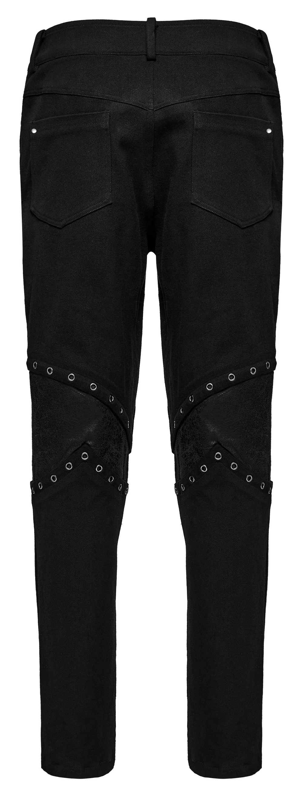 Back view of punk men's black twill pants featuring zippers, eyelets, and buckle loops for a bold style.