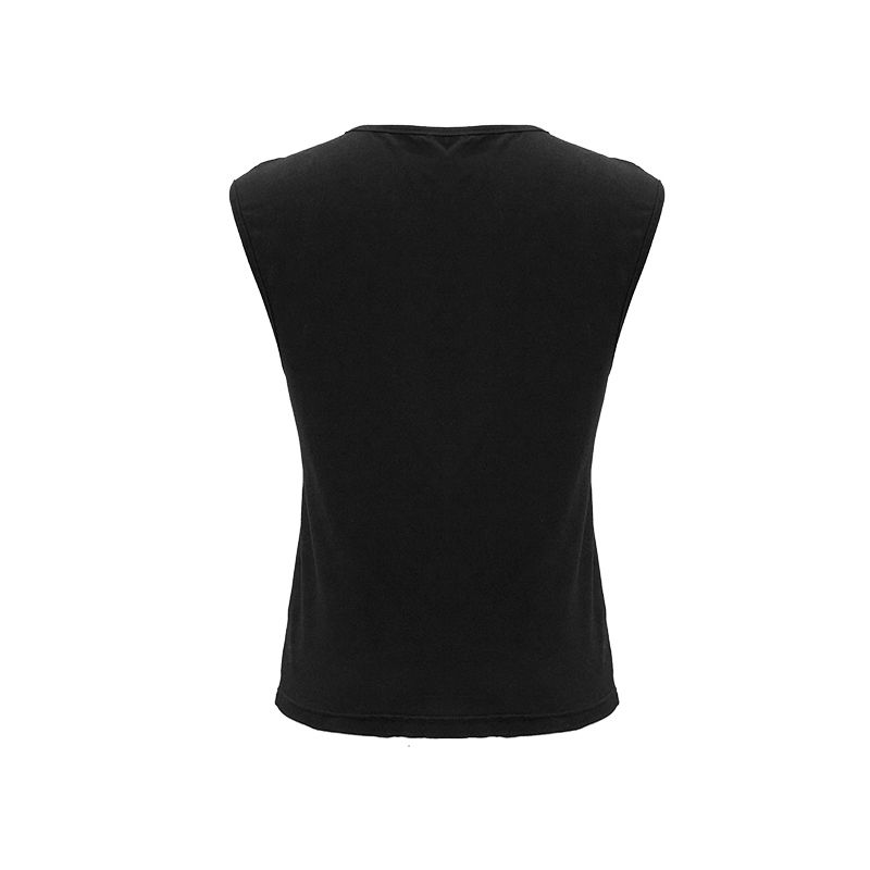 Back view of a sleeveless black punk men's cotton tank top with drawstring and mesh details.