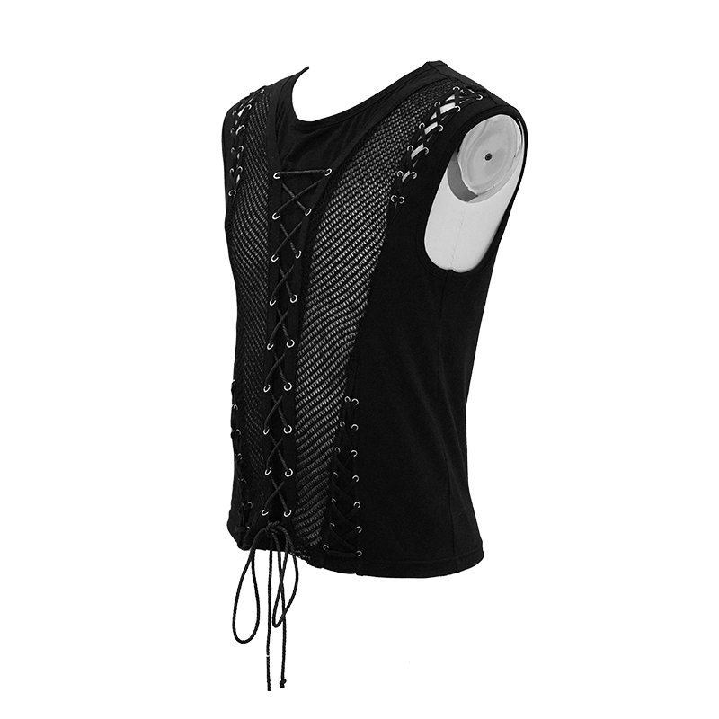 Men's black punk cotton tank top with drawstring and mesh inserts, perfect for a stylish gothic wardrobe.