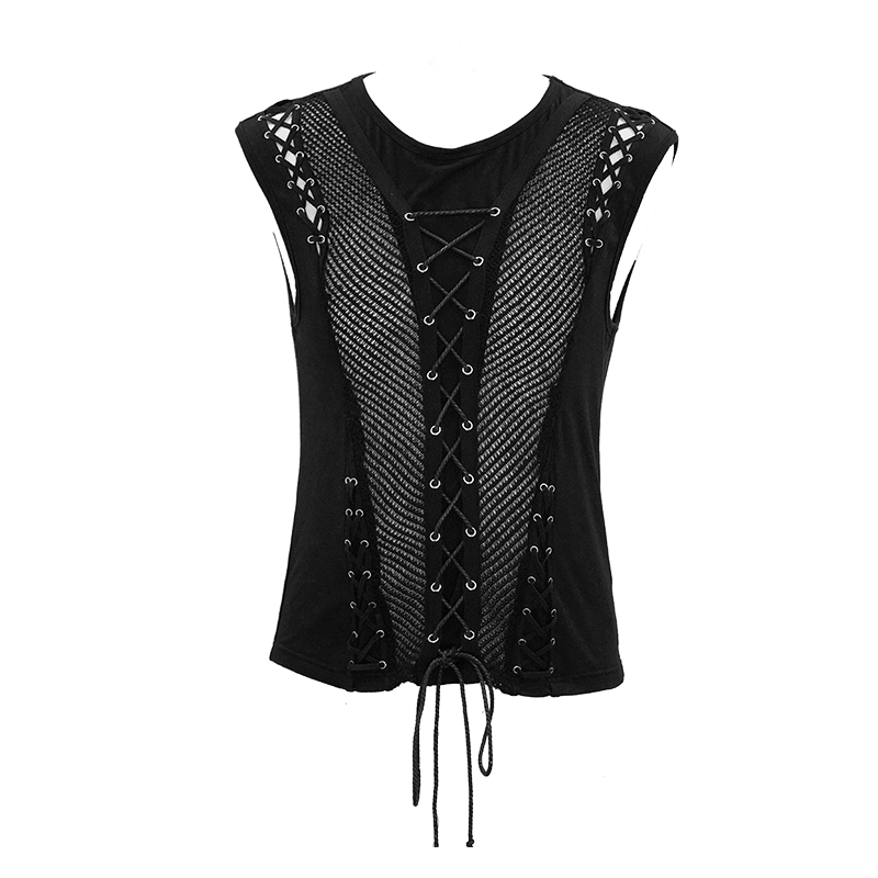 Men's black punk tank top with drawstring and mesh, showcasing a stylish fitted cut for bold fashion statements.