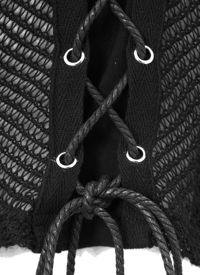 Close-up of punk men's cotton tank top showcasing drawstring and mesh details in black.