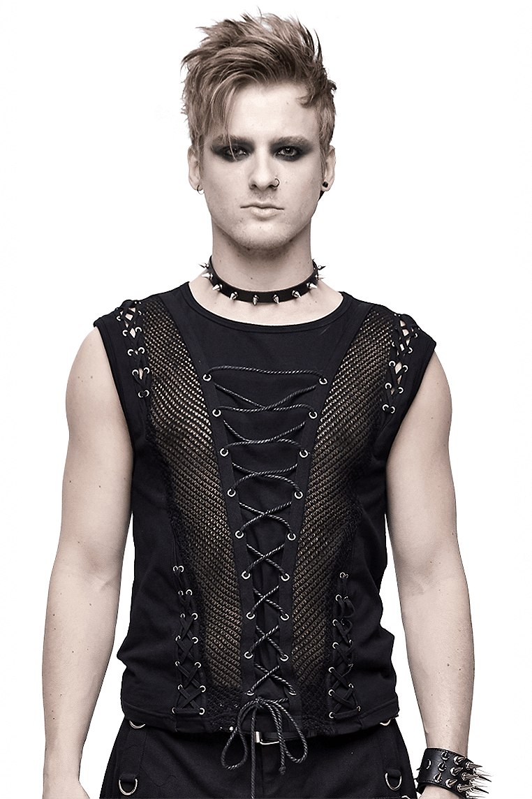 Punk Men's Cotton Tank Top With Drawstring & Mesh / Gothic Black Sleeveless O Neck T Shirt - HARD'N'HEAVY