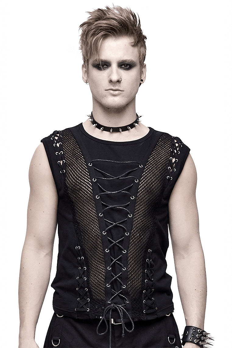 Punk men's black cotton tank top with drawstring and mesh details, styled for a bold gothic look.