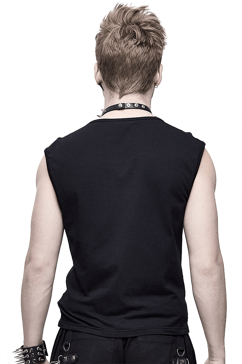 Punk Men's Cotton Tank Top With Drawstring & Mesh / Gothic Black Sleeveless O Neck T Shirt - HARD'N'HEAVY