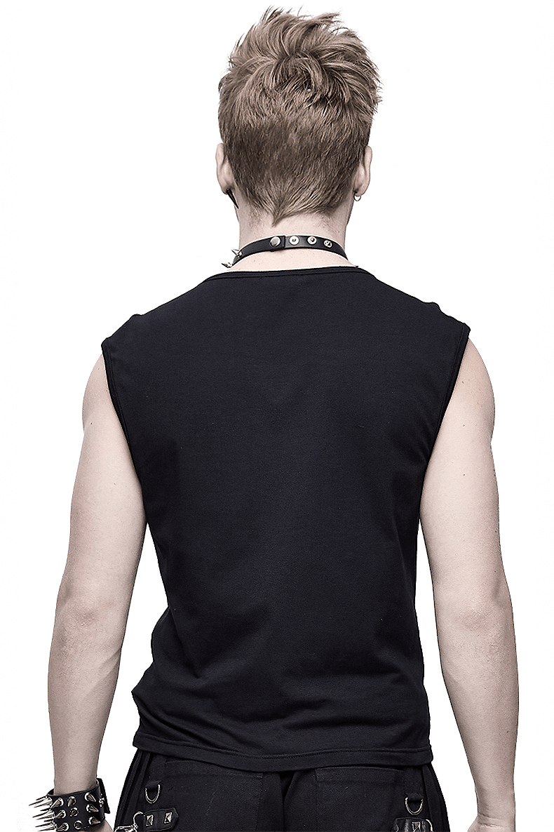 Back view of a man in a black punk men's cotton tank top with fitted cut and stylish design.