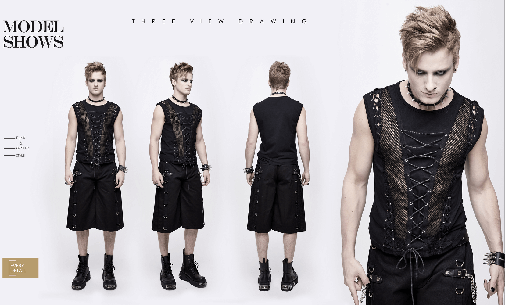 Three views of a punk men's cotton tank top with drawstring and mesh, showcasing a stylish gothic black design.