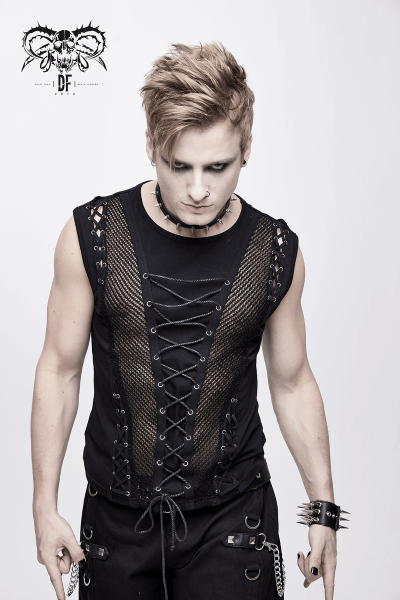 Punk Men's Cotton Tank Top With Drawstring & Mesh / Gothic Black Sleeveless O Neck T Shirt - HARD'N'HEAVY