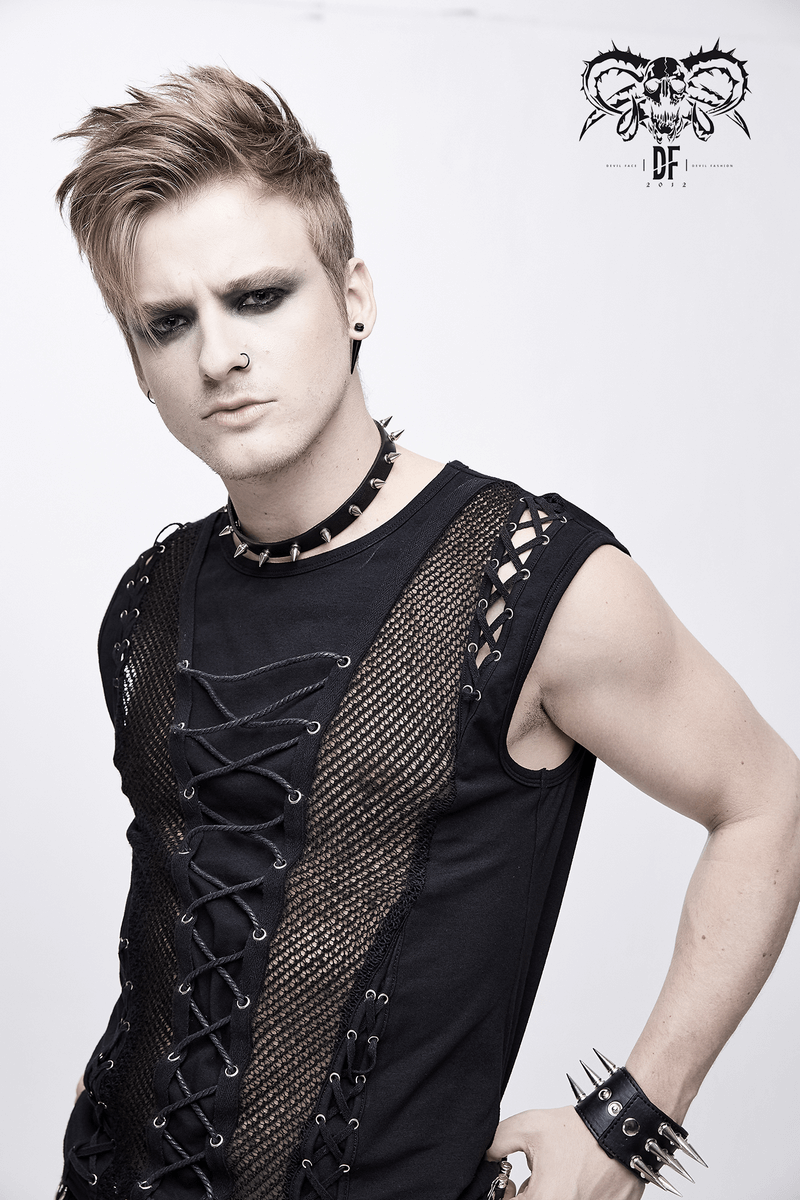 Punk men's black cotton tank top with drawstring and mesh, showcasing edgy fashion and trendy details.