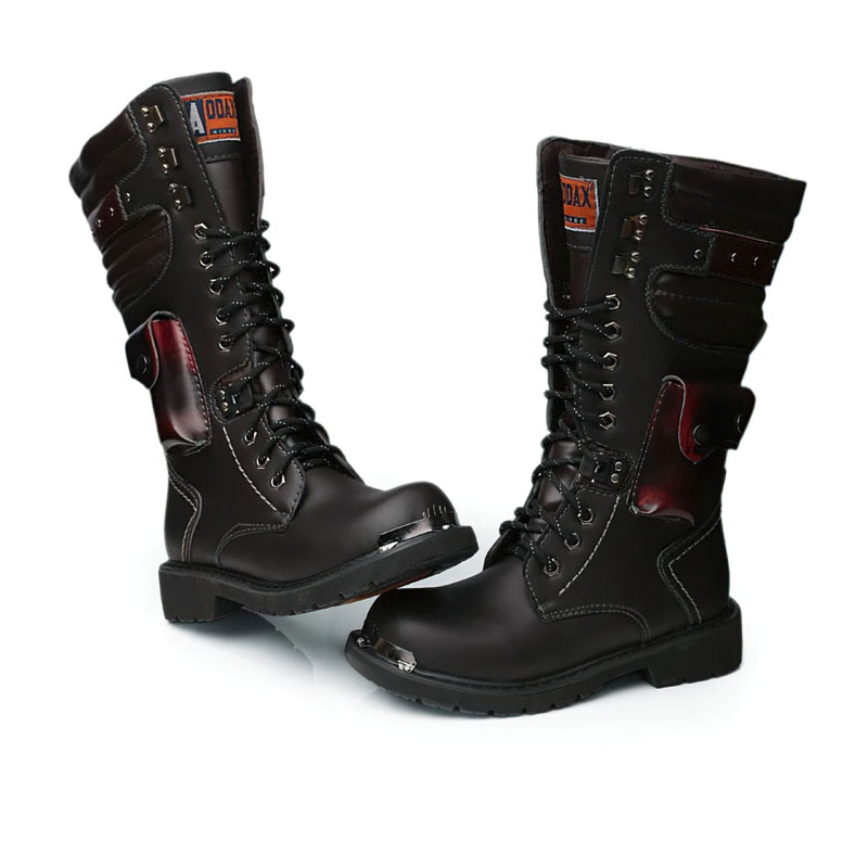 Punk Men's Genuine Leather Boots with Pocket / Lace up Motorcycle Boots / Knee-High Boots - HARD'N'HEAVY
