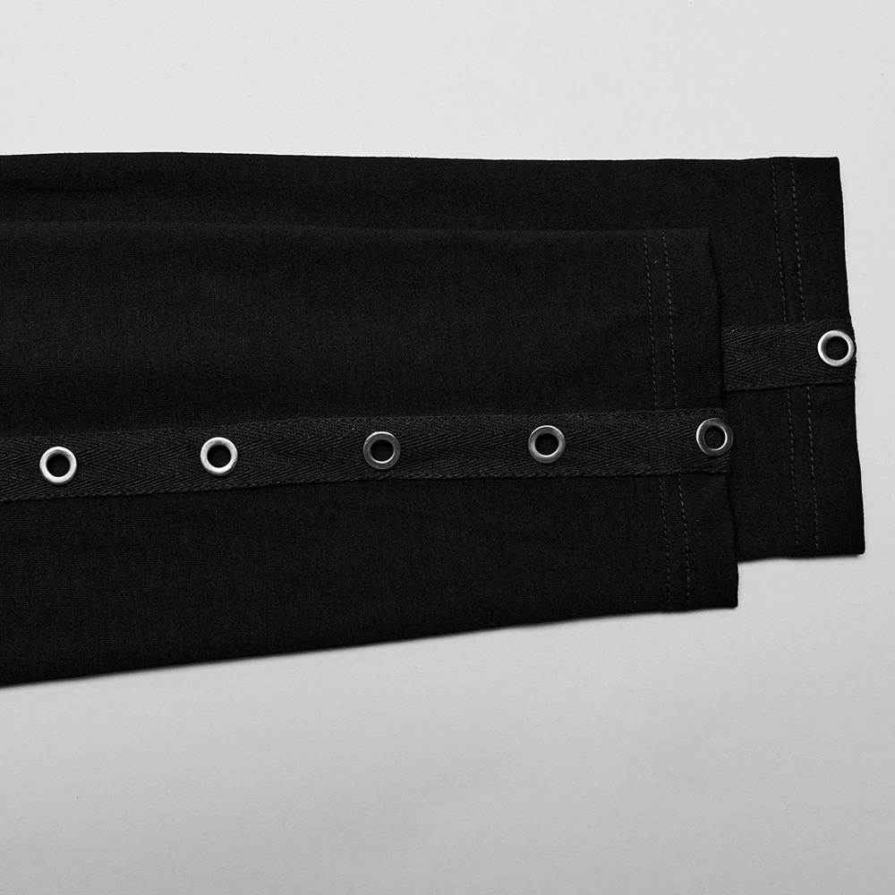 Close-up of black men's high collar top sleeves with eyelet webbings and edgy details.