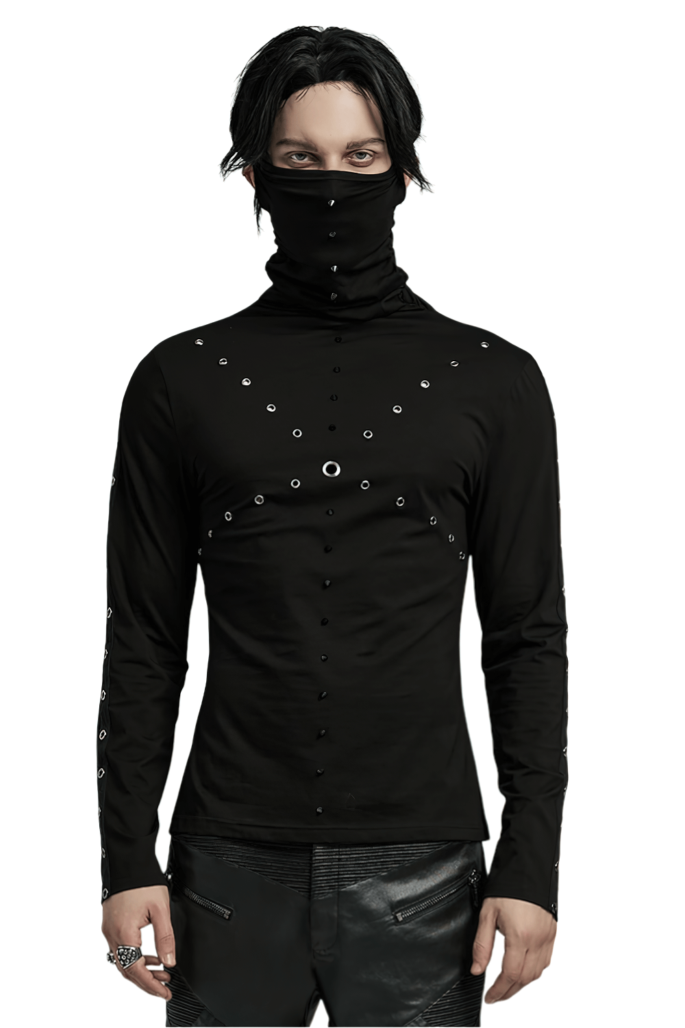 Punk men's high collar top in black with spiked details and eyelets for an edgy, stylish look.