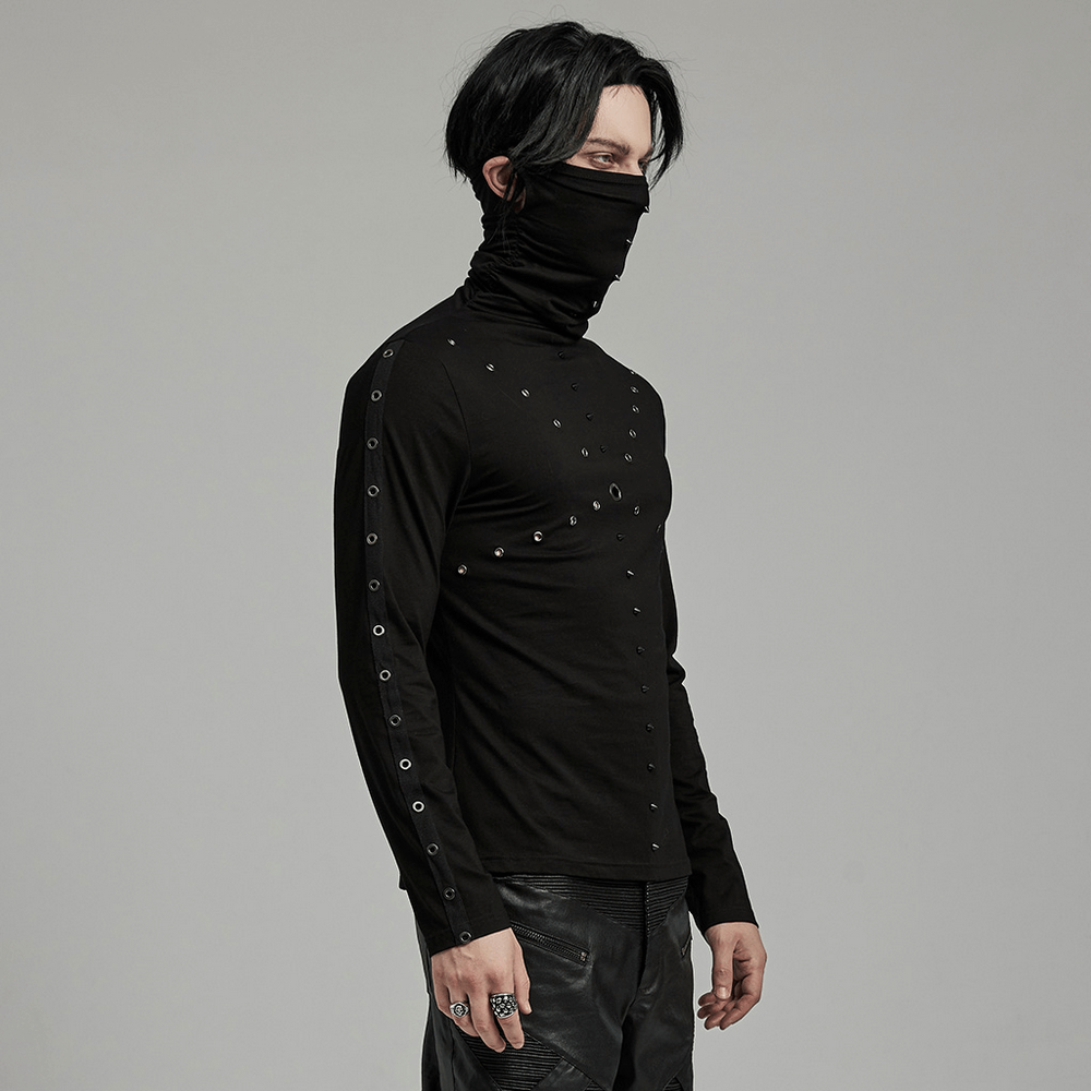 Punk men's black high collar top with spiked details and ear holes, showcasing edgy style and unique design.