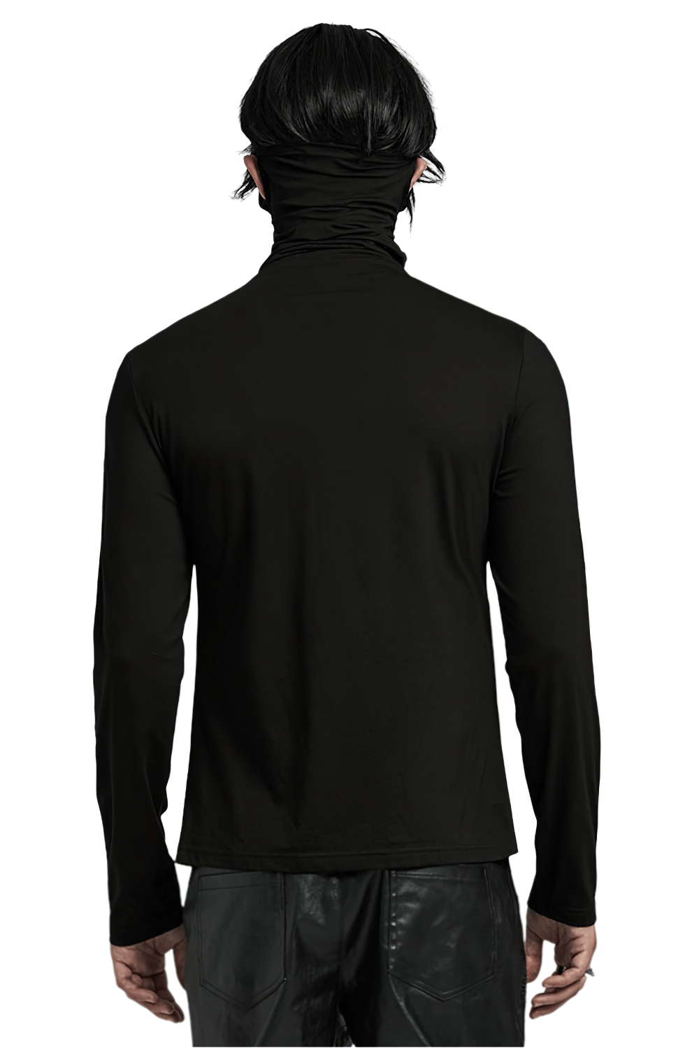 Back view of a punk men's black high collar top with a fitted design and stylish ear holes, showcasing edgy elegance.