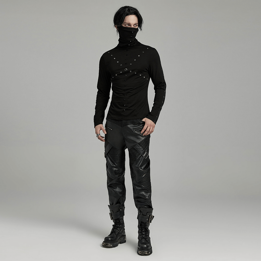 Punk men's black high-collar top with spiked details, paired with edgy leather pants and boots for a unique rebel look.