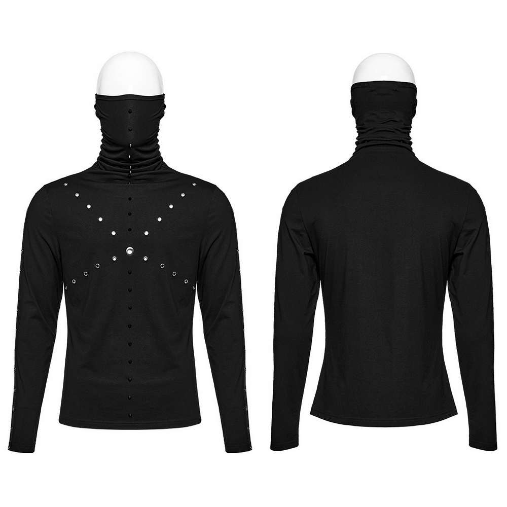 Punk men's black high collar turtleneck top with spiked details and eyelets for a bold look.