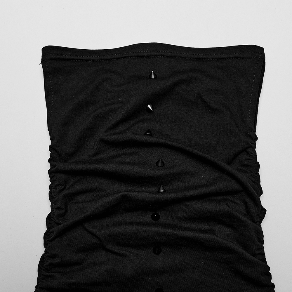 Black high-collar punk top with spiked details and ruched fabric, perfect for an edgy style.
