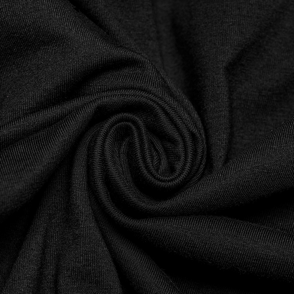 Close-up of soft, stretchy black knit fabric perfect for punk men's high collar tops with edgy details.