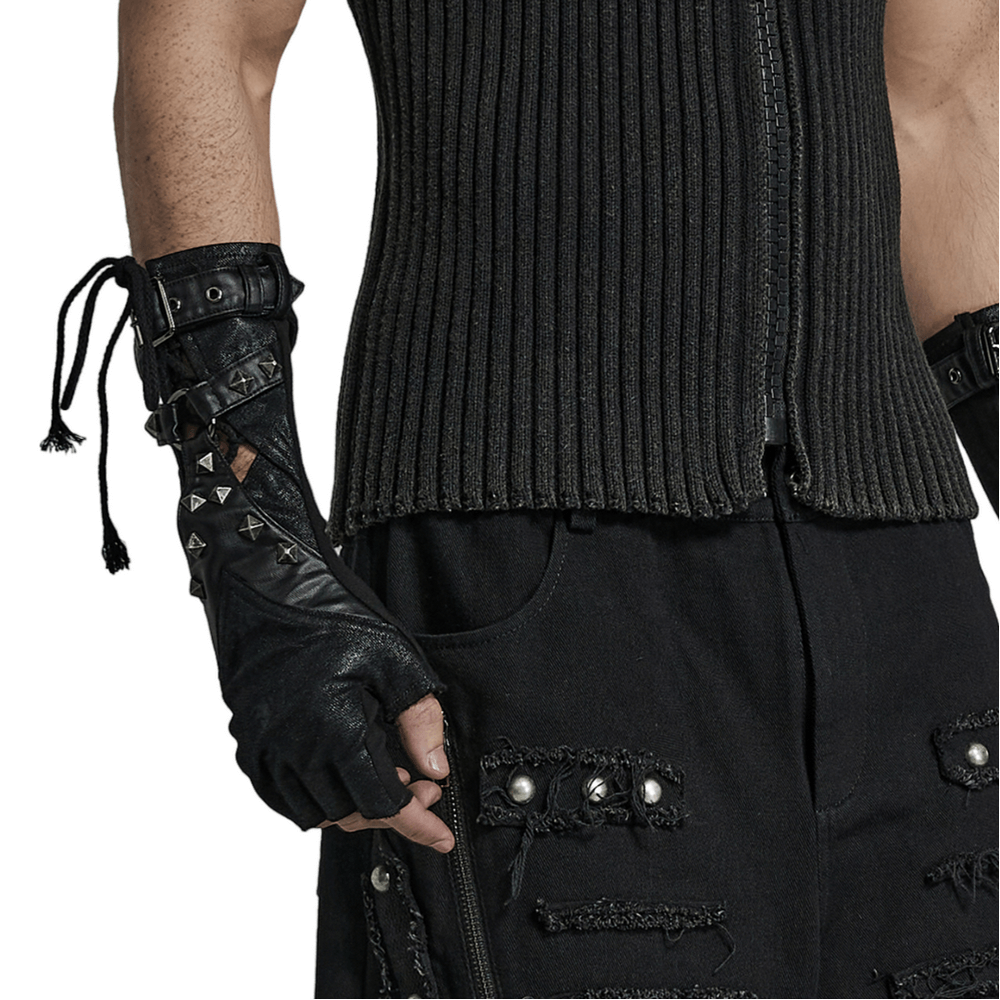 Punk Men's Rivets Fingerless Gloves with Adjustable Straps - HARD'N'HEAVY