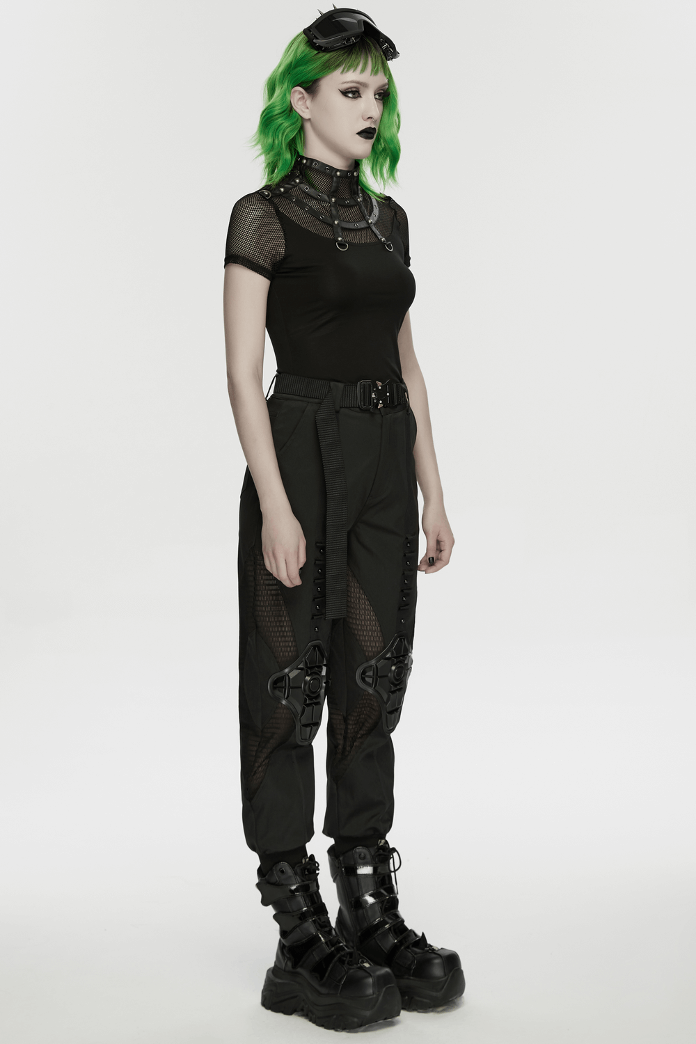 Punk Mesh Cage T-Shirt with Stand Up Collar and Zipper styled with edgy accessories and combat pants.