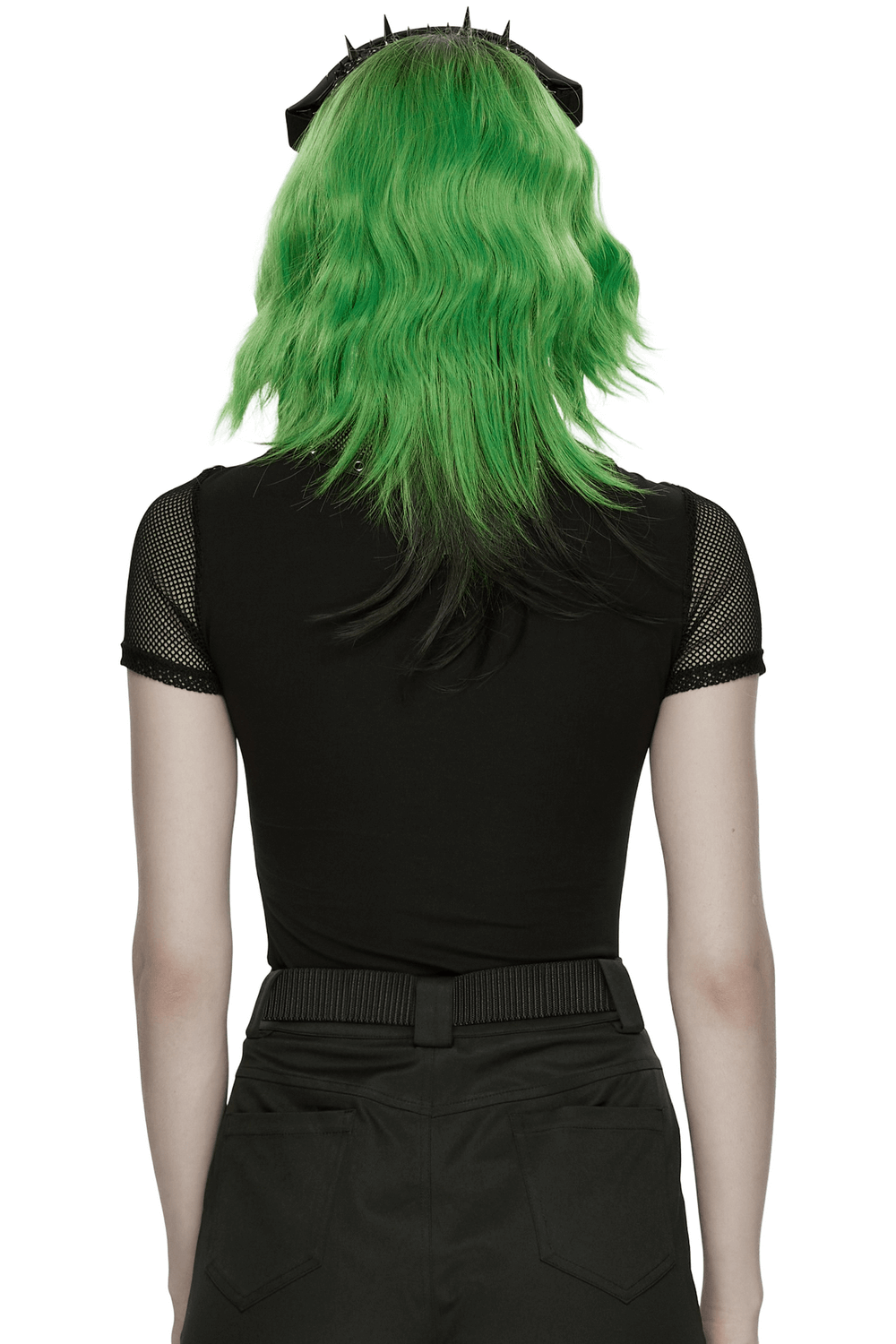 Punk Mesh Cage T-Shirt with Stand Up Collar and Zipper showcasing back view and stylish green hair.