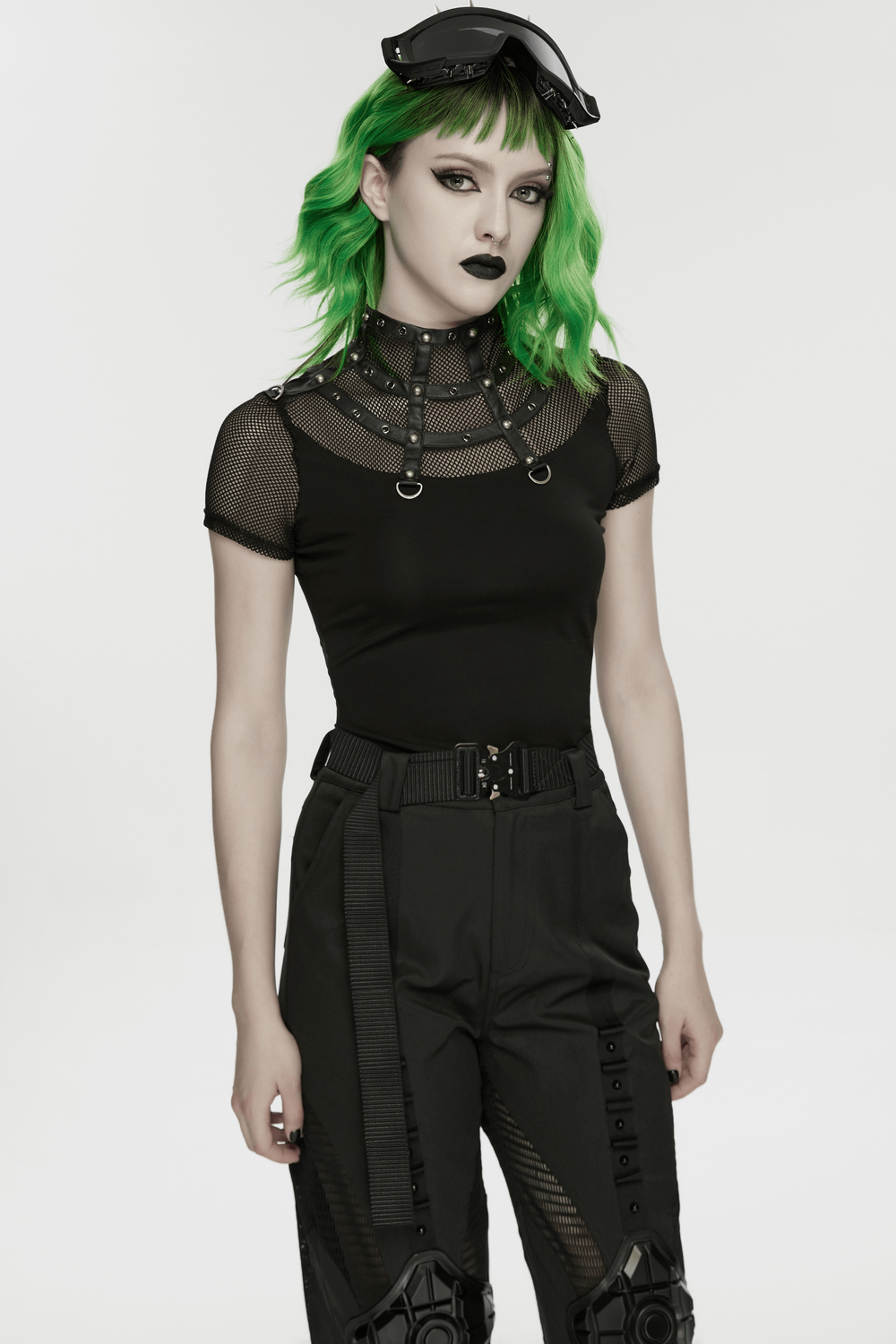 Punk Mesh Cage T-Shirt with Stand Up Collar and Zipper worn by model with green hair and punk style.