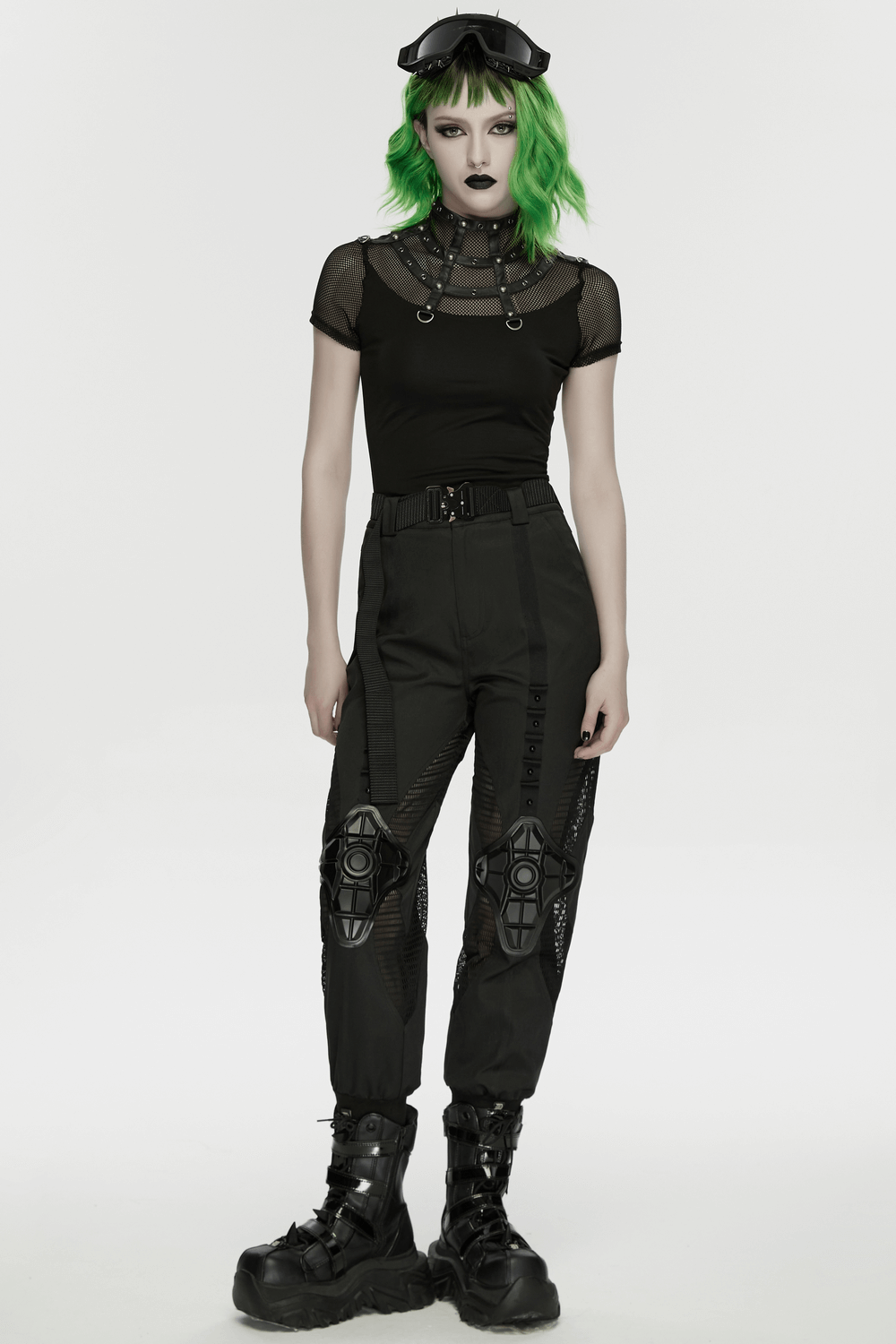 Punk Mesh Cage T-Shirt with Stand Up Collar and Zipper worn by model with green hair and edgy pants.