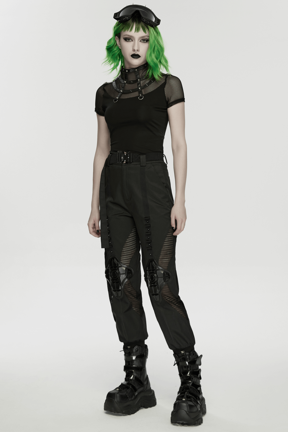 Punk Mesh Cage T-Shirt with Stand Up Collar and Zipper worn by model with green hair, black mesh, and edgy pants.
