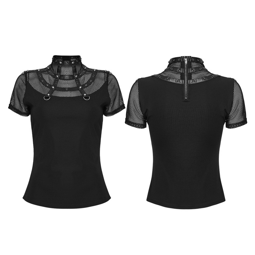 Punk Mesh Cage T-Shirt with Stand Up Collar and Zipper featuring a unique mesh design and bold aesthetic.