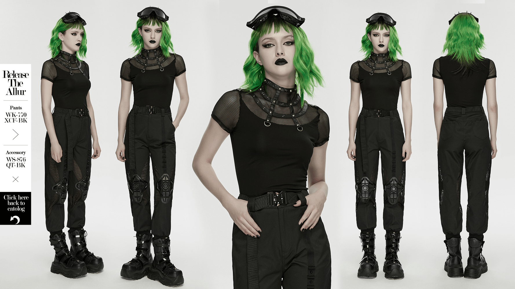 Punk Mesh Cage T-Shirt with Stand Up Collar and Zipper worn with edgy black pants and combat boots.