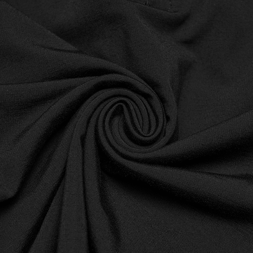 Punk Mesh Cage T-Shirt with Stand Up Collar and Zipper black fabric close-up showcasing elasticity and texture.