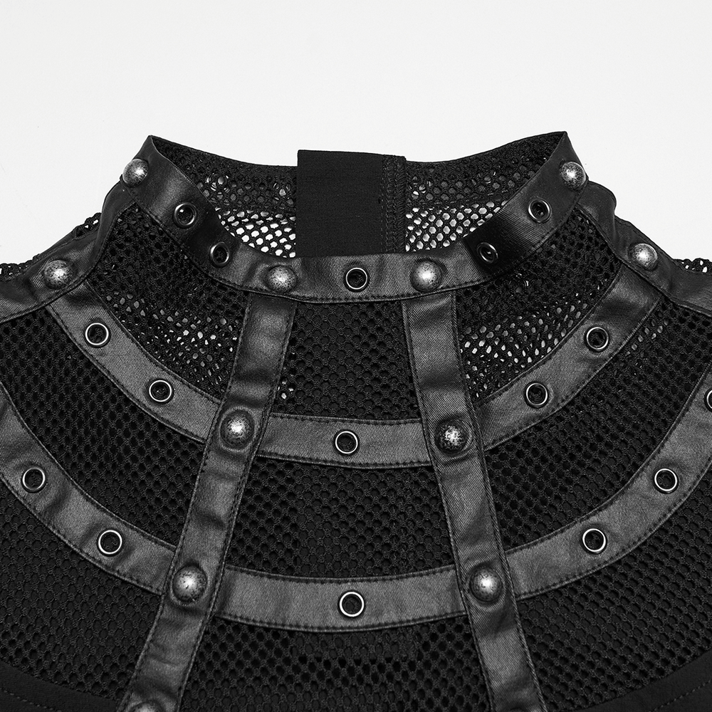 Punk Mesh Cage T-Shirt with Stand Up Collar and Zipper close-up of mesh and studded collar design.