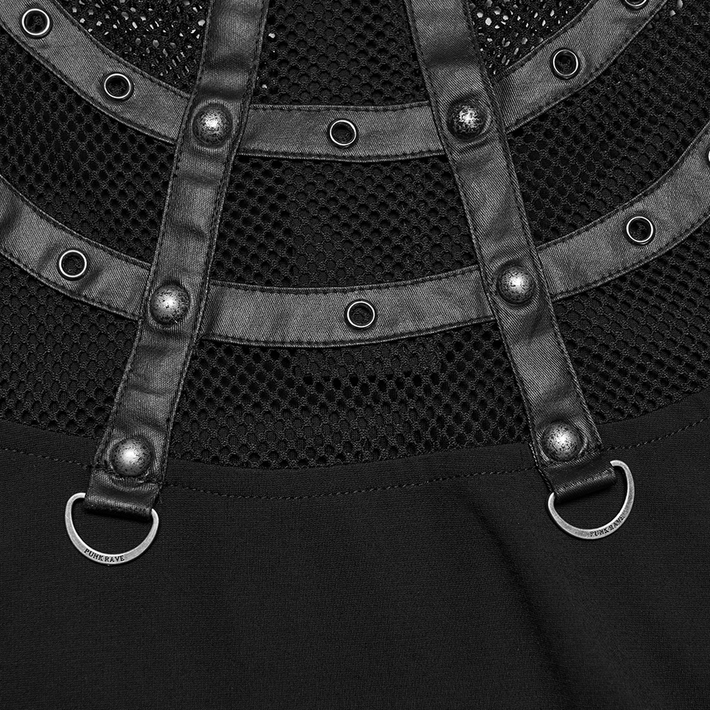 Punk Mesh Cage T-Shirt with Stand Up Collar and Zipper close-up of mesh design and strap details.