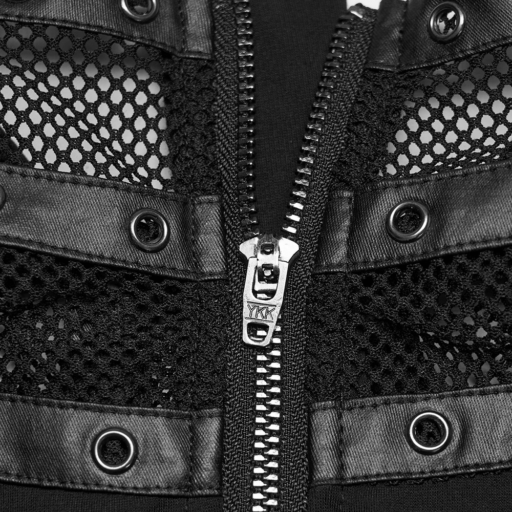 Punk Mesh Cage T-Shirt with Stand Up Collar and Zipper close-up of mesh and zipper detail.