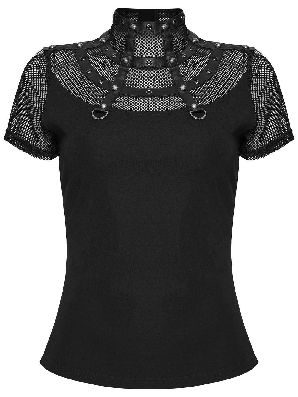 Punk Mesh Cage T-Shirt with Stand Up Collar and Zipper, showcasing mesh design and bold collar details.