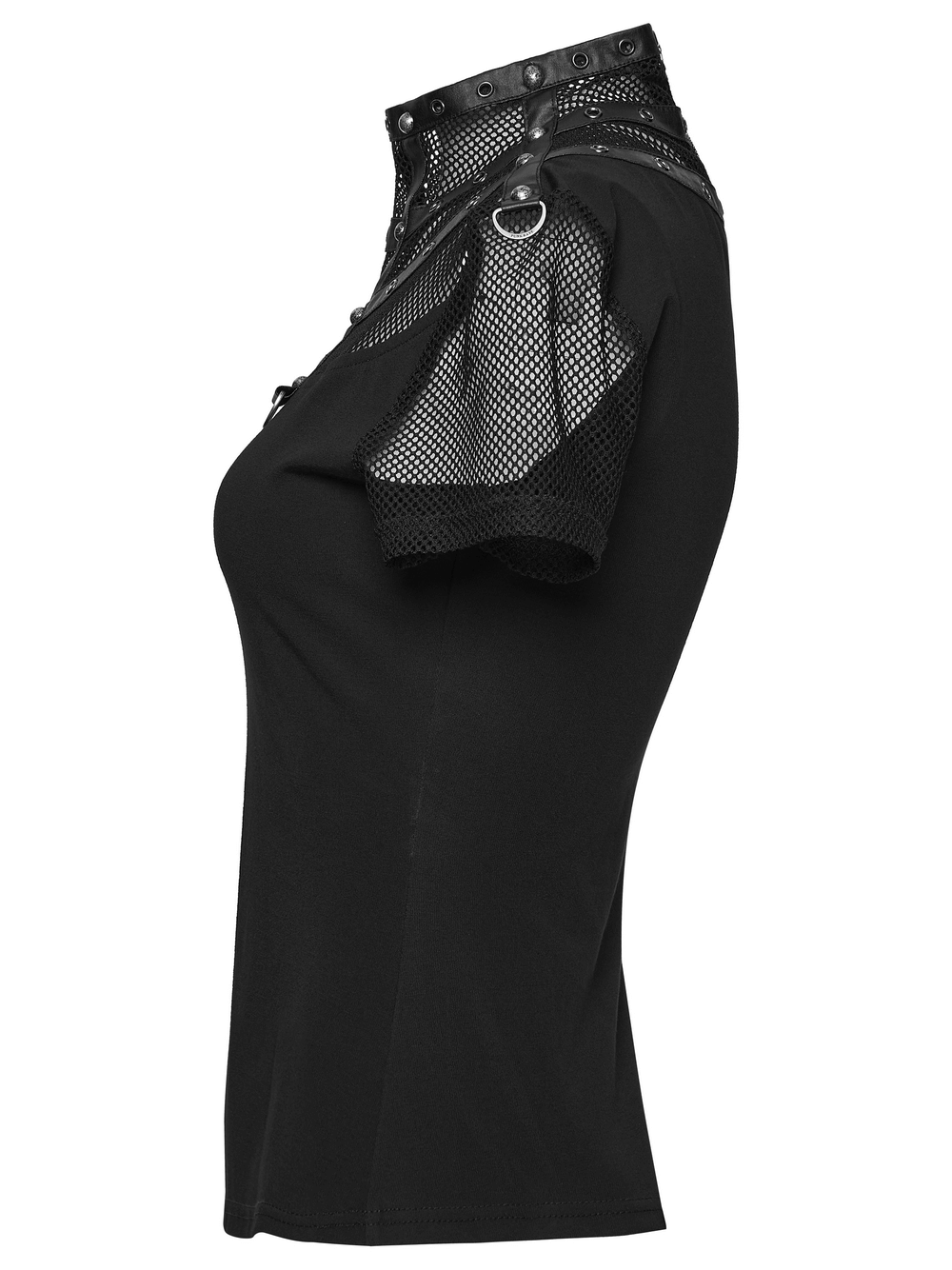Punk Mesh Cage T-Shirt with Stand Up Collar and Zipper featuring mesh design and bold collar detail.