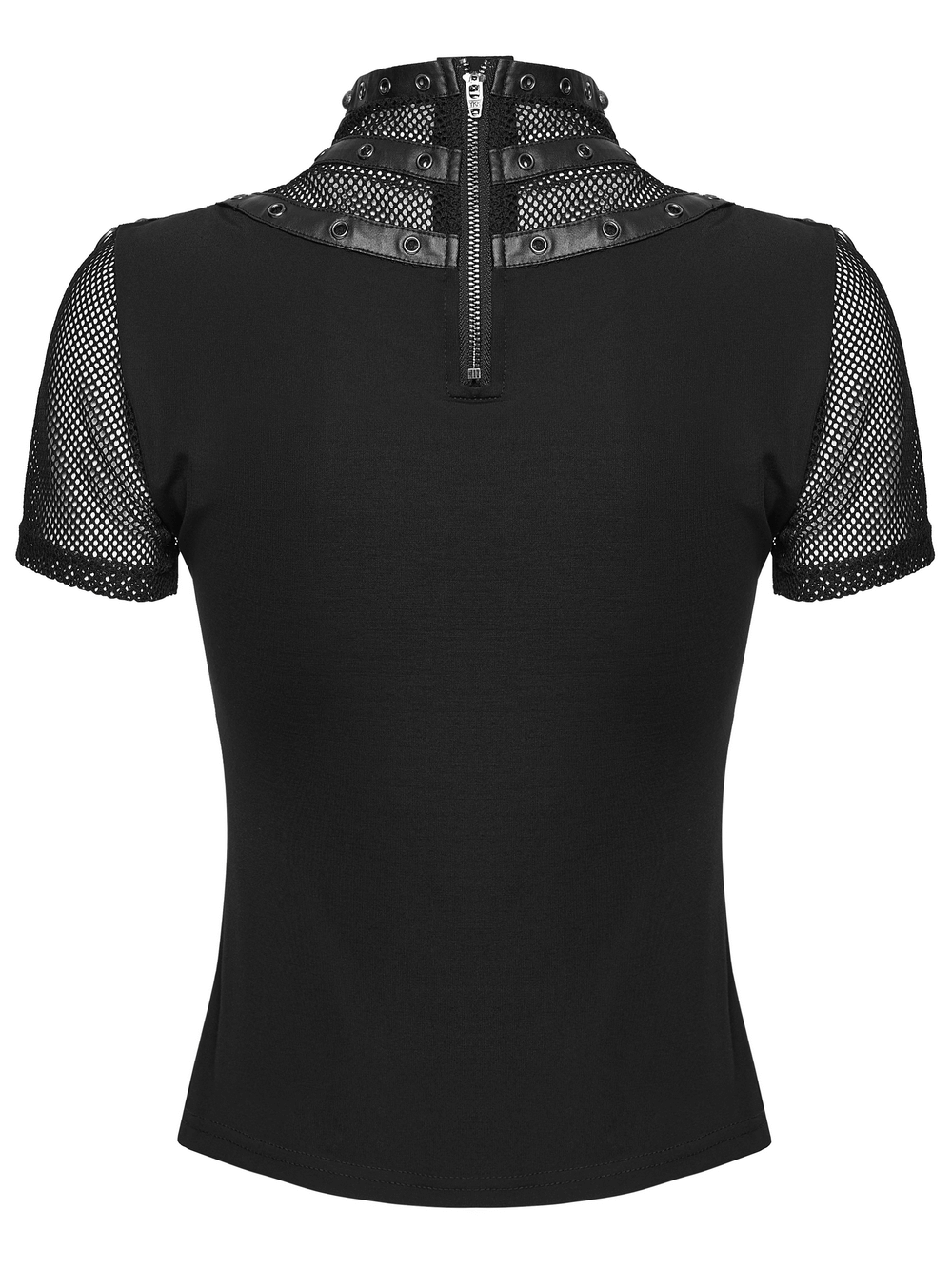 Punk Mesh Cage T-Shirt with Stand Up Collar and Zipper, featuring unique mesh design and stylish back view.