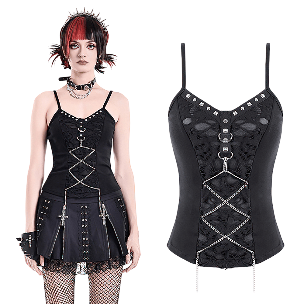 Caraco punk en résille avec laçage corset et détails métalliques