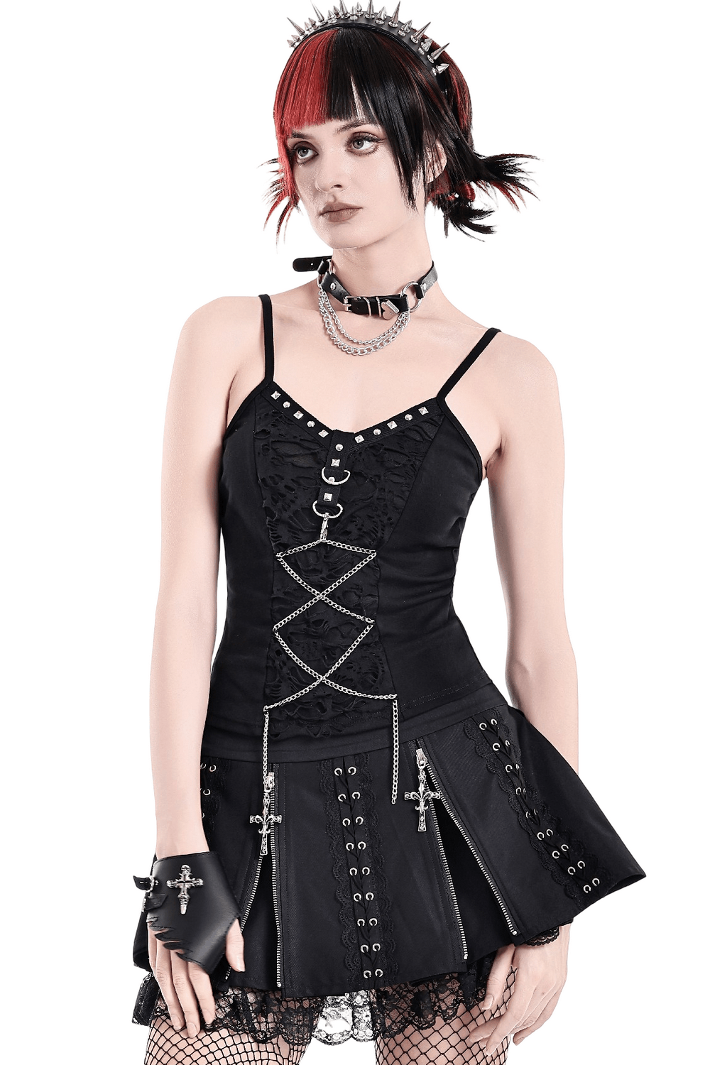 Caraco punk en résille avec laçage corset et détails métalliques