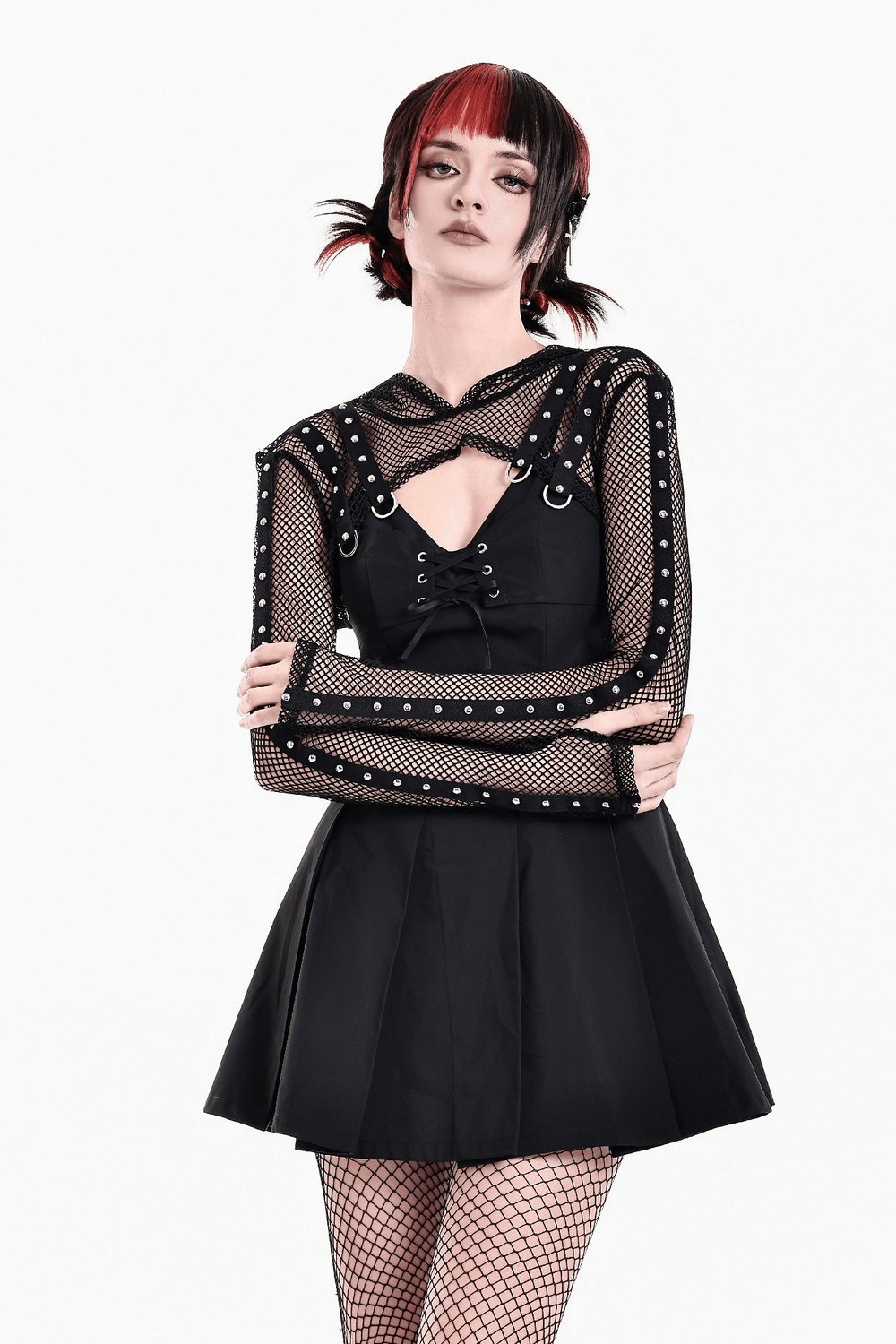 Punk Mesh Cropped Bolero with Long Sleeves and Metal Rings gothic fishnet hooded shrug with studded straps
