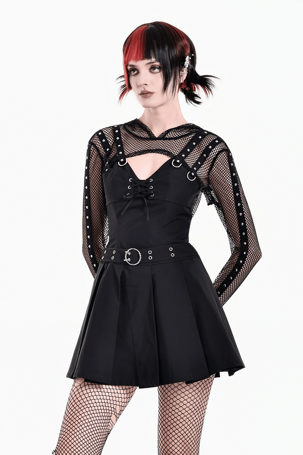 Punk Mesh Cropped Bolero with Long Sleeves and Metal Rings black gothic fishnet hooded shrug with studded straps