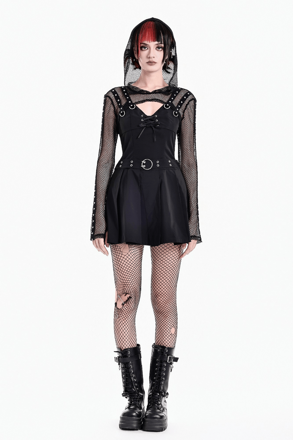 Punk Mesh Cropped Bolero with Long Sleeves and Metal Rings gothic fishnet hooded shrug with studded straps