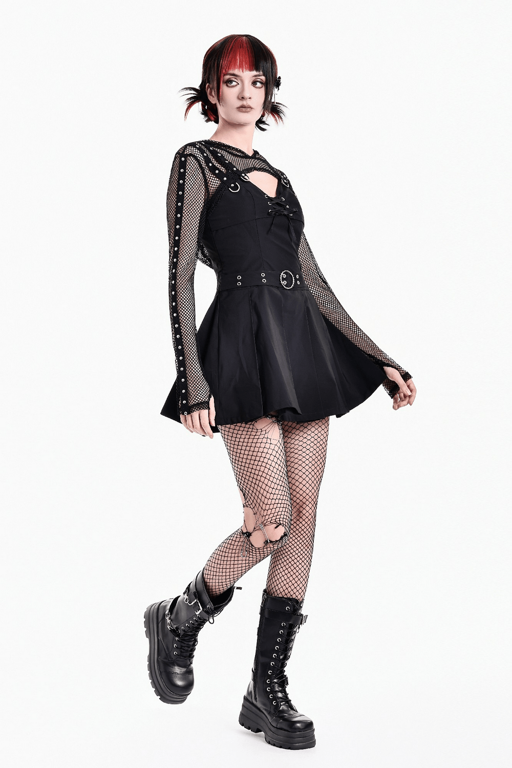 Punk Mesh Cropped Bolero with Long Sleeves and Metal Rings, goth mesh hooded shrug with studded straps