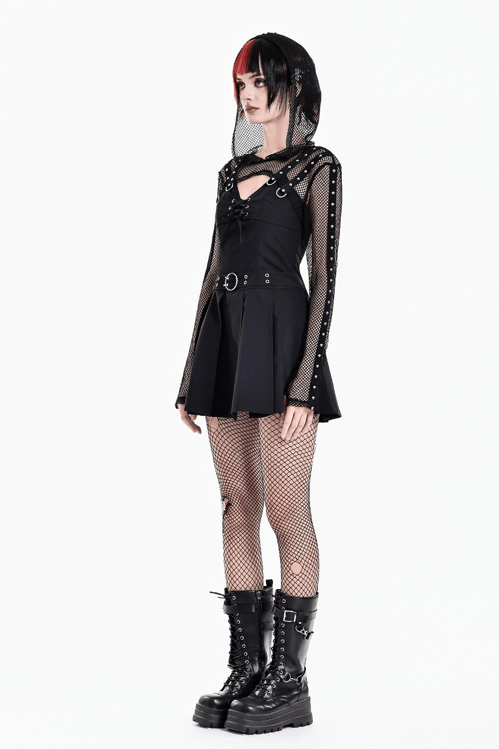 Punk Mesh Cropped Bolero with Long Sleeves and Metal Rings, gothic fishnet hooded shrug with studded straps
