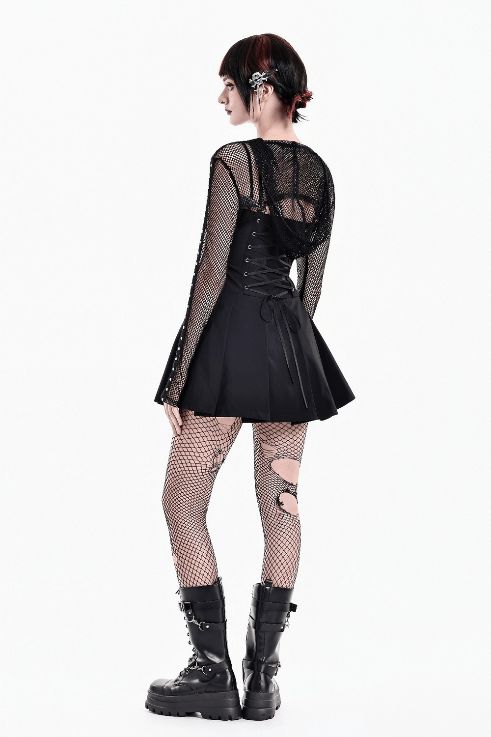 Punk Mesh Cropped Bolero with Long Sleeves and Metal Rings, black gothic fishnet hooded shrug with studded straps