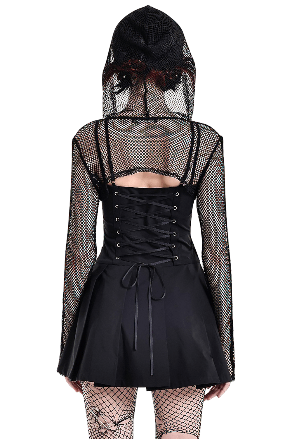 Punk Mesh Cropped Bolero with Long Sleeves and Metal Rings, black Gothic fishnet hooded shrug with studded straps
