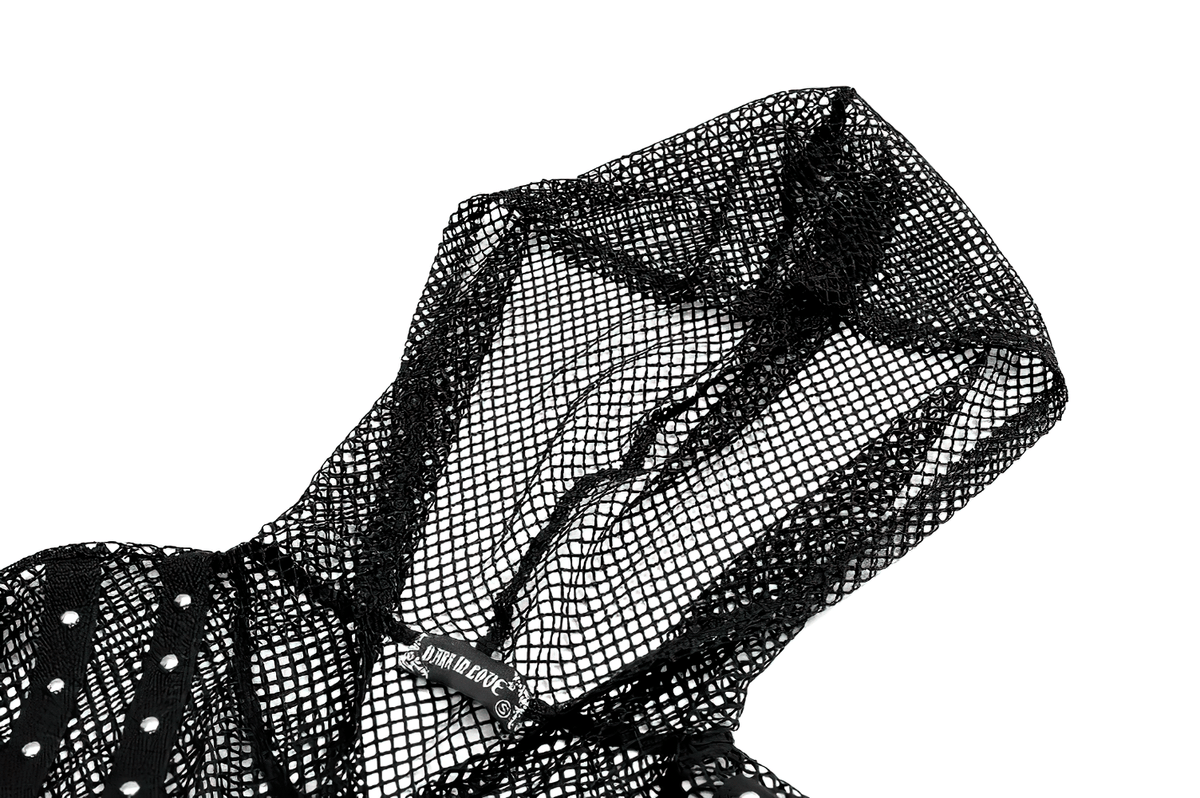 Punk Mesh Cropped Bolero with Long Sleeves and Metal Rings, gothic fishnet hooded shrug with studded strap details