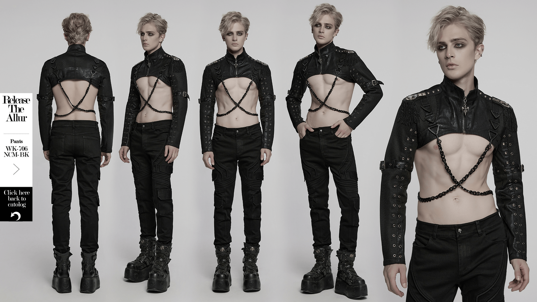 Punk mesh cropped jacket with chains, epaulets, and buckle details for edgy alternative fashion.